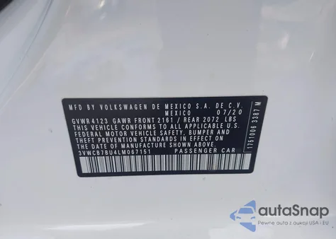 2020 Volkswagen Jetta 1.4T R-Line/1.4T S/1.4T Se из США, поврежденный, VIN 3VWCB7BU4LM067151